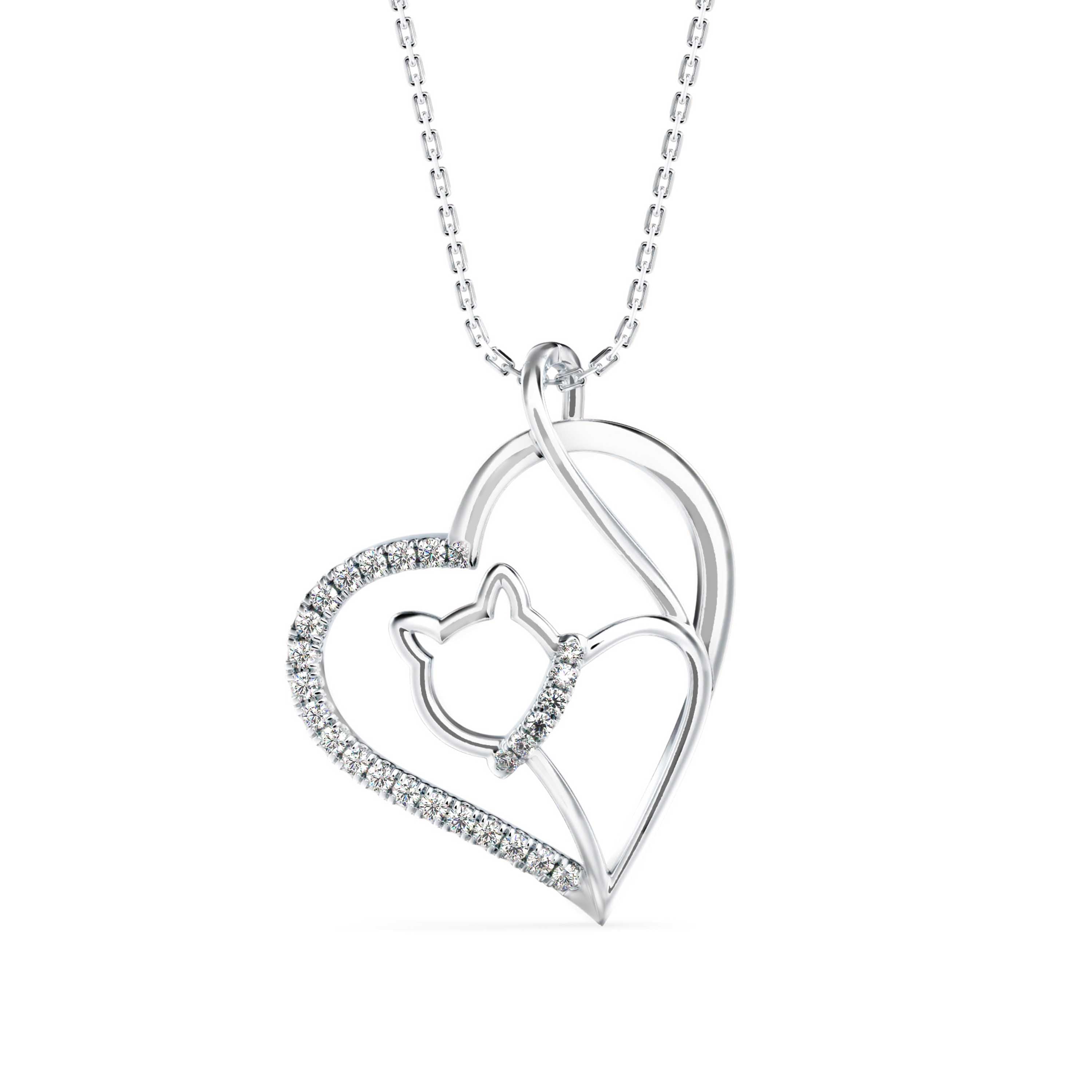 Kitten Heart Diamond Pendant-Silver