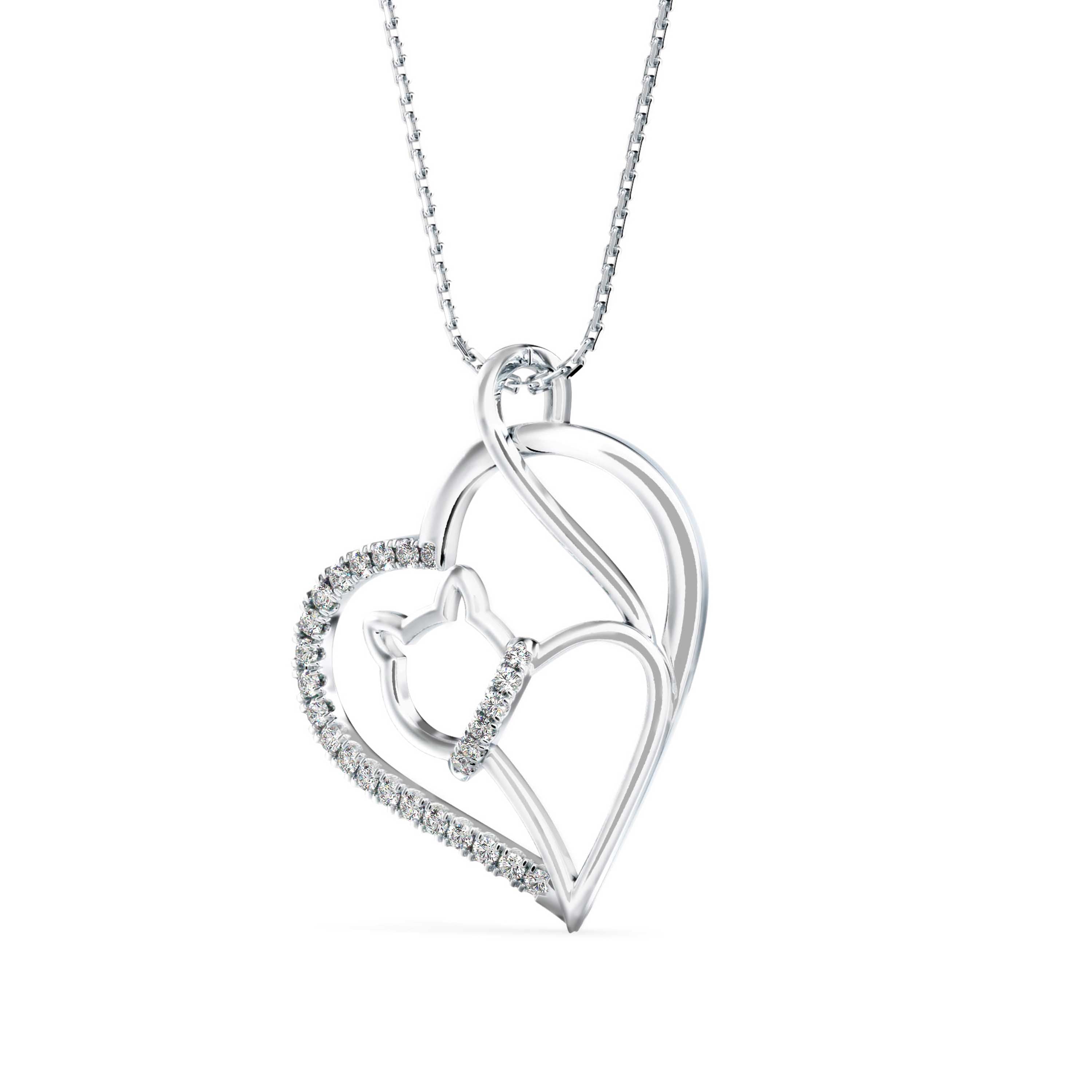 Kitten Heart Diamond Pendant-Silver