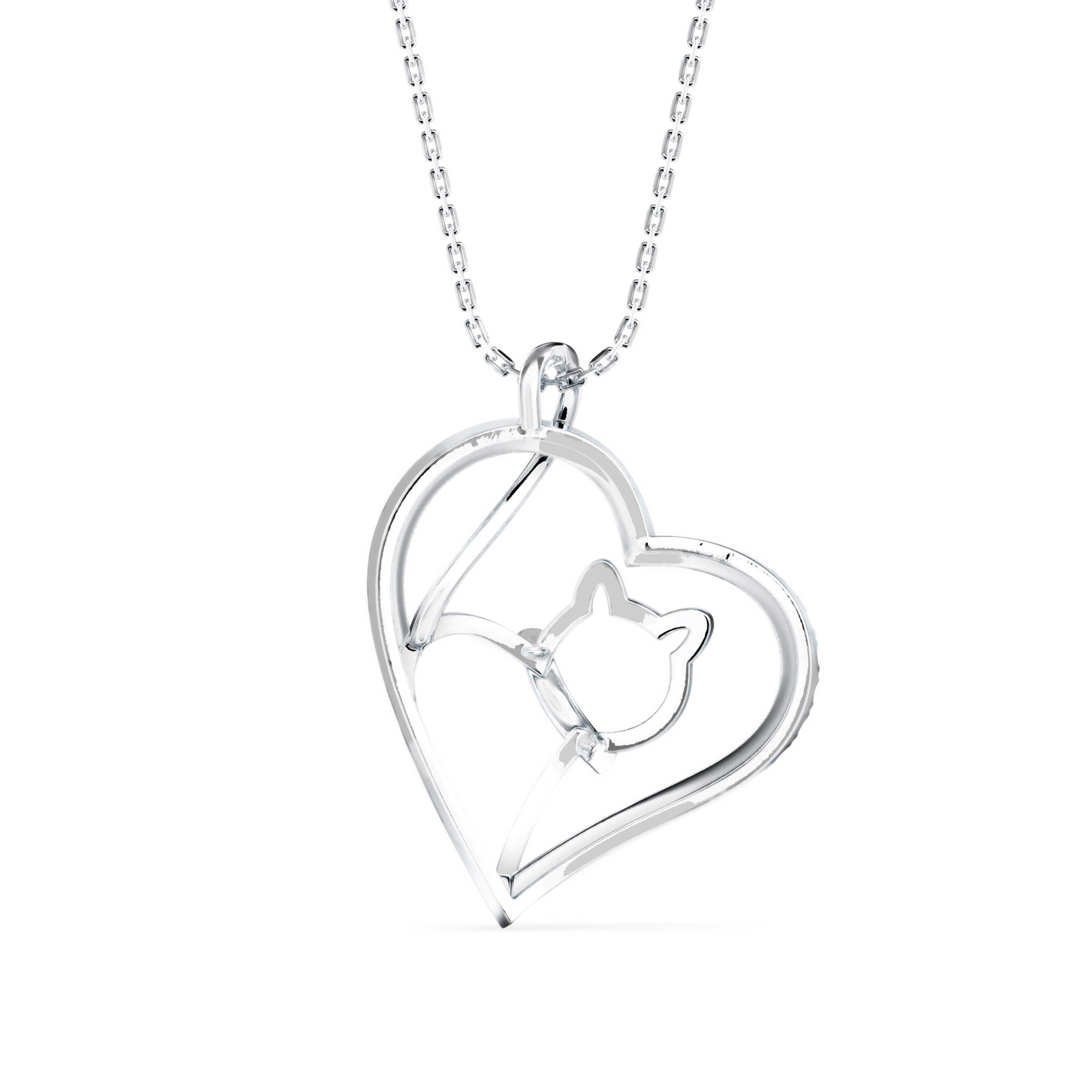 Kitten Heart Diamond Pendant-Silver