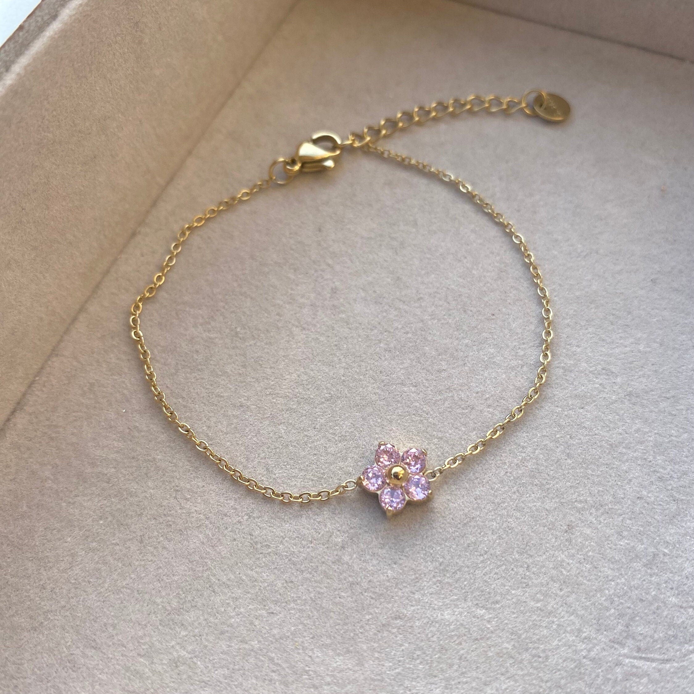 Glima Crystal Flower Bracelet – Pink Floral Charm, Romantic Gift for Her