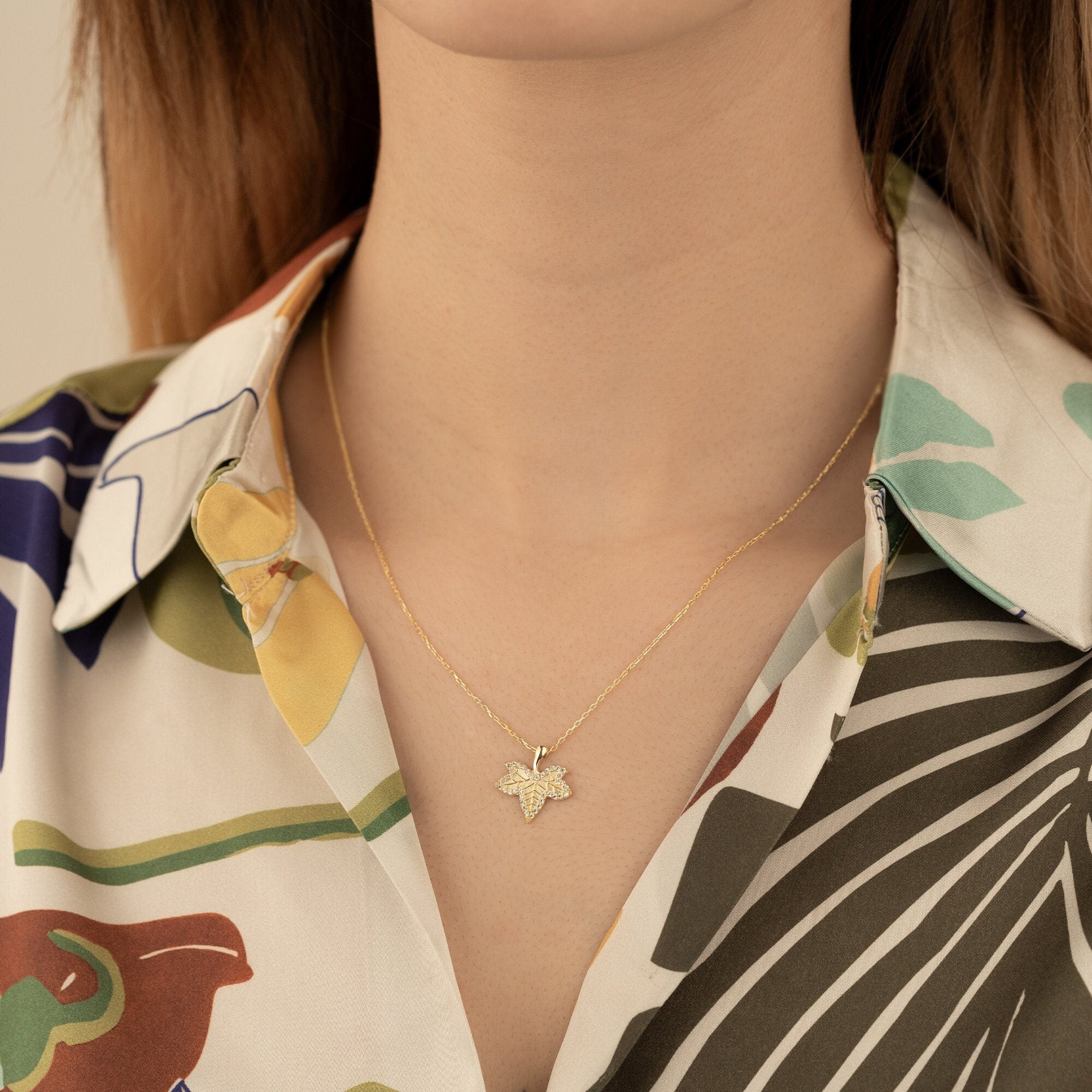 Gold Diamond Maple Leaf Necklace: Gift for Her