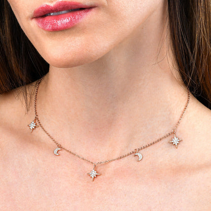 Glima Moon & Star Necklace – Dainty Rose Gold 925 Silver with CZ Shine