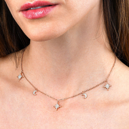 Glima Moon & Star Necklace – Dainty Rose Gold 925 Silver with CZ Shine