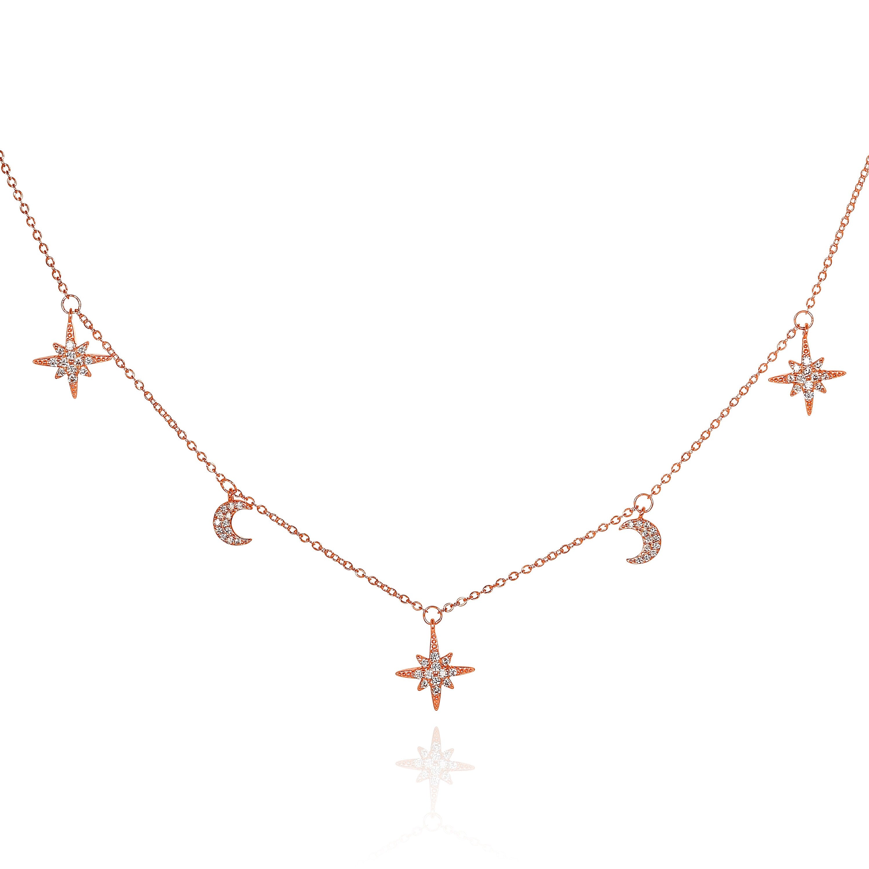 Glima Moon & Star Necklace – Dainty Rose Gold 925 Silver with CZ Shine