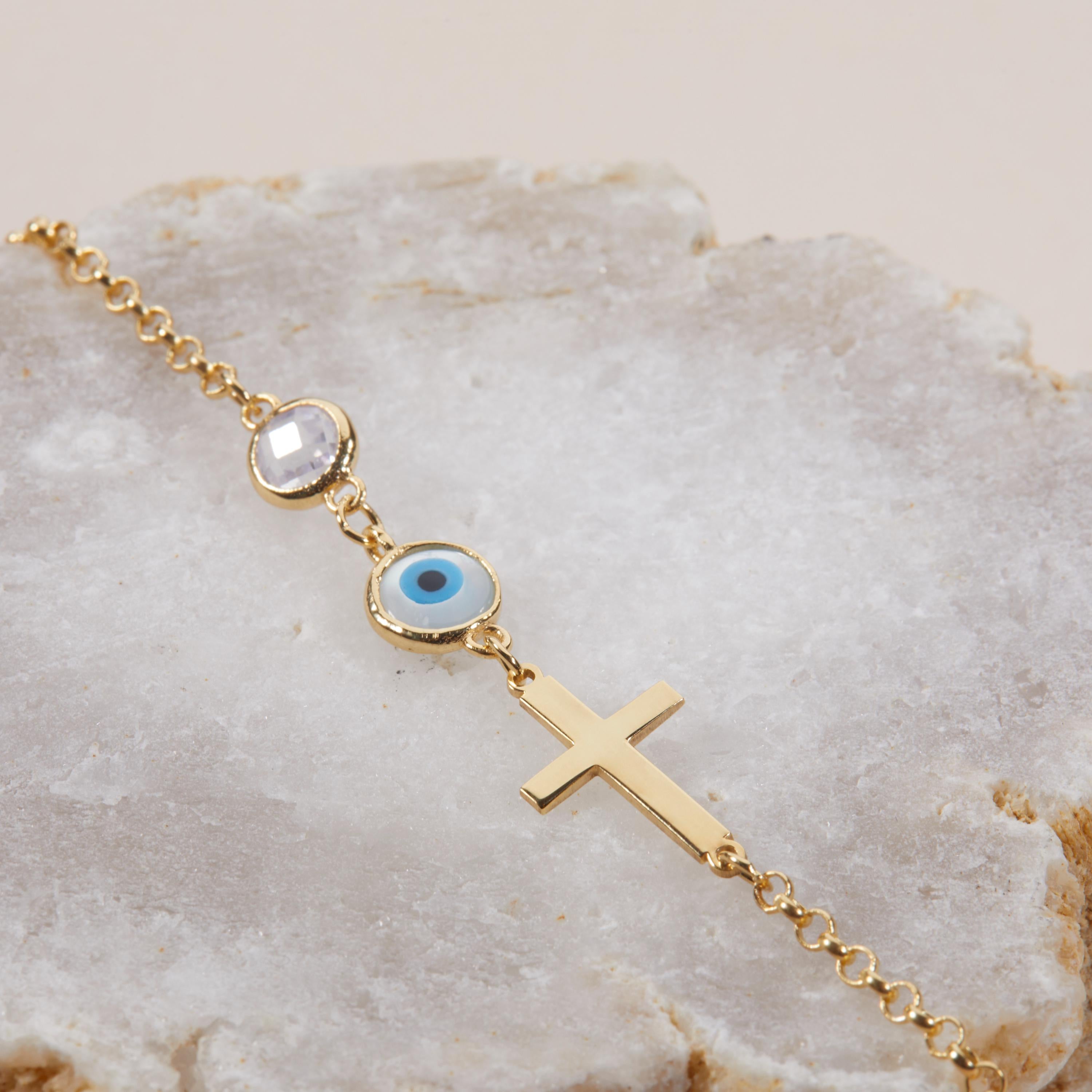 Glima Evil Eye & Cross Bracelet – Gold Sterling Silver Protection Charm