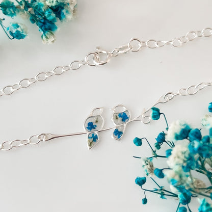 Glima Lovebird Bracelet – Sterling Silver with Real Flowers & Blue Bird Charm