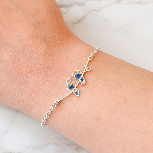 Glima Lovebird Bracelet – Sterling Silver with Real Flowers & Blue Bird Charm