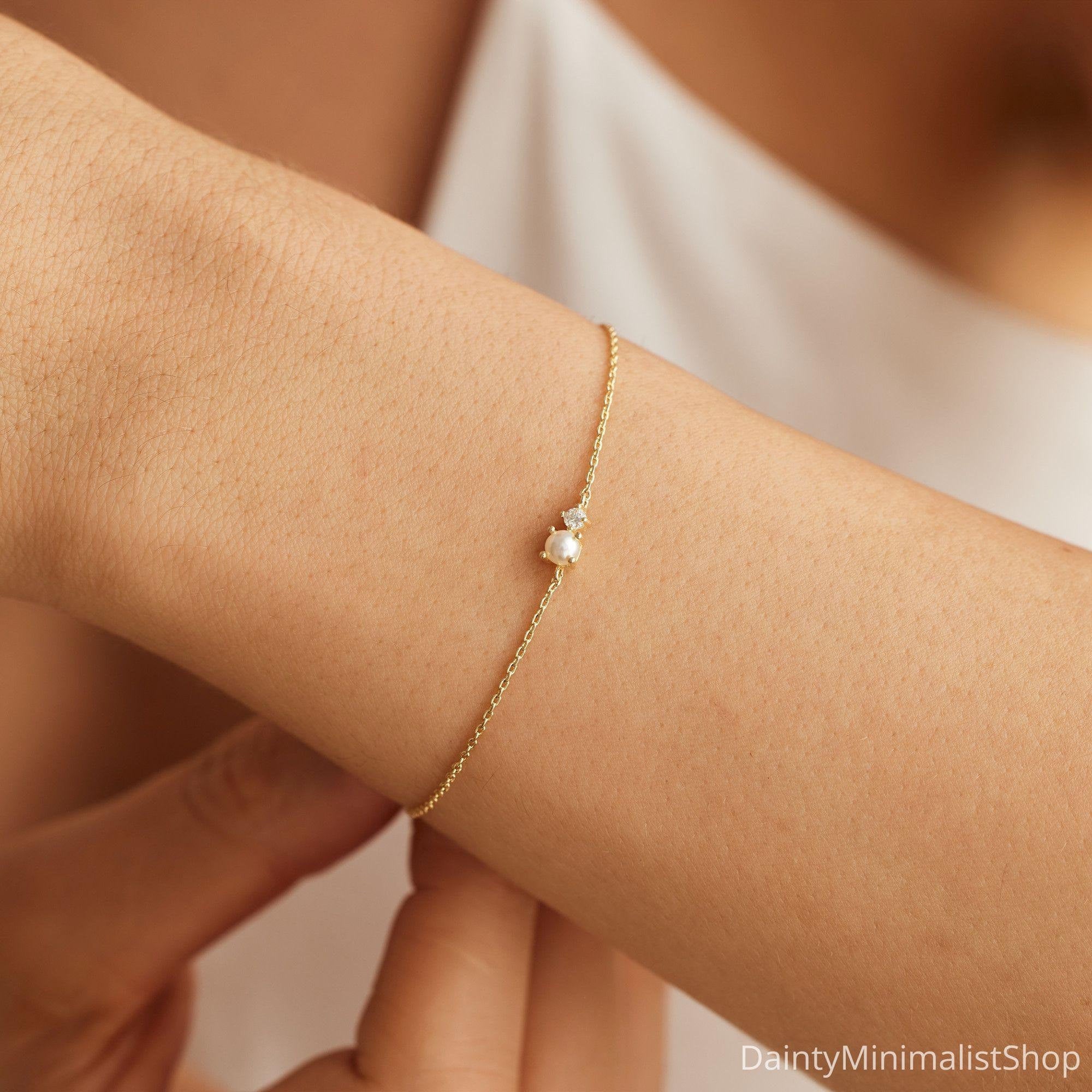 Glima Pearl & CZ Bracelet – Dainty 14K Gold Bridal Gift for Her