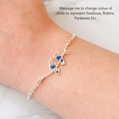 Glima Lovebird Bracelet – Sterling Silver with Real Flowers & Blue Bird Charm
