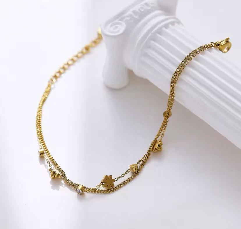 Glima Dainty Flower Bracelet – Double-Layer Gold Steel with Crystals