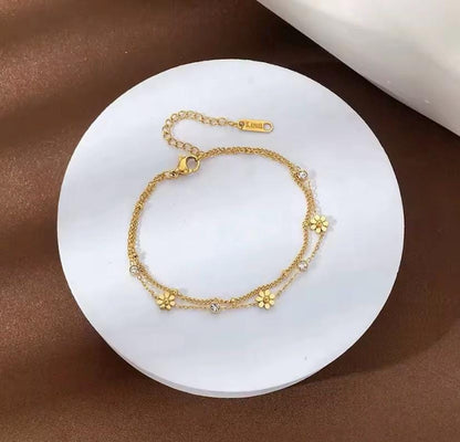 Glima Dainty Flower Bracelet – Double-Layer Gold Steel with Crystals
