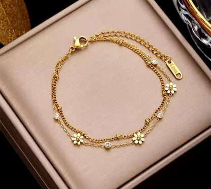 Glima Dainty Flower Bracelet – Double-Layer Gold Steel with Crystals